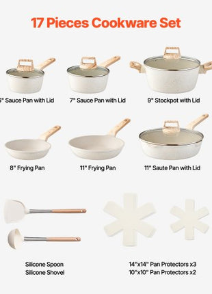 17 Piece Pots and Pans Set, Granite Nonstick Cookware Set, Induction Cookwares, Kitchen RV Cooking Sets with Frying, Sauce, Saute, Tempered Glass Lids, and Pan Protectors, White