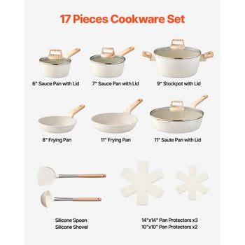17 Piece Pots and Pans Set, Granite Nonstick Cookware Set, Induction Cookwares, Kitchen RV Cooking Sets with Frying, Sauce, Saute, Tempered Glass Lids, and Pan Protectors, White