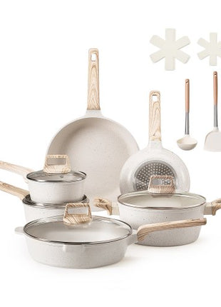 17 Piece Pots and Pans Set, Granite Nonstick Cookware Set, Induction Cookwares, Kitchen RV Cooking Sets with Frying, Sauce, Saute, Tempered Glass Lids, and Pan Protectors, White