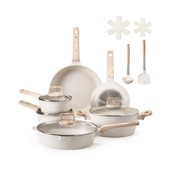 17 Piece Pots and Pans Set, Granite Nonstick Cookware Set, Induction Cookwares, Kitchen RV Cooking Sets with Frying, Sauce, Saute, Tempered Glass Lids, and Pan Protectors, White