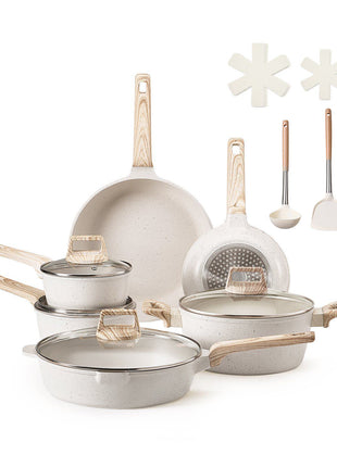 17 Piece Pots and Pans Set, Granite Nonstick Cookware Set, Induction Cookwares, Kitchen RV Cooking Sets with Frying, Sauce, Saute, Tempered Glass Lids, and Pan Protectors, White
