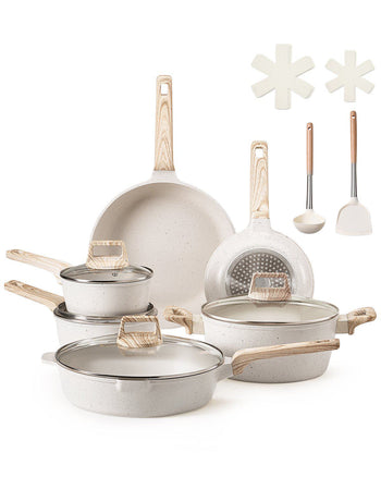 17 Piece Pots and Pans Set, Granite Nonstick Cookware Set, Induction Cookwares, Kitchen RV Cooking Sets with Frying, Sauce, Saute, Tempered Glass Lids, and Pan Protectors, White