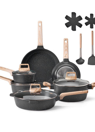 17 Piece Pots and Pans Set Nonstick, Granite Cookware Set, Induction Cookwares, Kitchen RV Cooking Sets with Frying, Sauce, Saute, Tempered Glass Lids, and Pan Protectors, Black