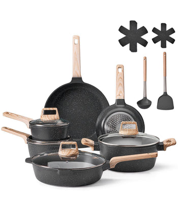 17 Piece Pots and Pans Set Nonstick, Granite Cookware Set, Induction Cookwares, Kitchen RV Cooking Sets with Frying, Sauce, Saute, Tempered Glass Lids, and Pan Protectors, Black