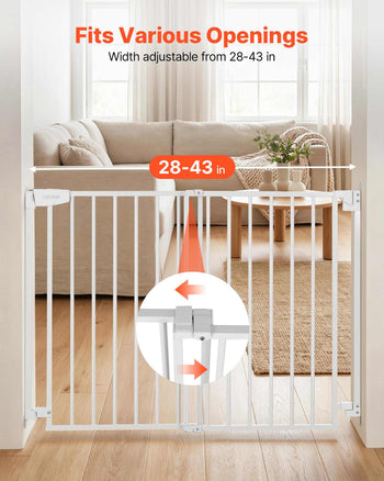 Baby Gate for Stairs, 28-43 in Adjustable Width, 30 in High Dog Gate, No Bottom Bar, One-Handed Operation, Easy Drilling Installation with Hardware Kit, for Stairs, Doorways, and House, White
