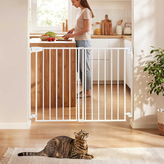 Baby Gate for Stairs, 28-43 in Adjustable Width, 30 in High Dog Gate, No Bottom Bar, One-Handed Operation, Easy Drilling Installation with Hardware Kit, for Stairs, Doorways, and House, White