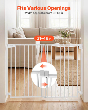 Baby Gate for Stairs, 31-48 in Adjustable Width, 30 in High Dog Gate, No Bottom Bar, One-Handed Operation, Easy Drilling Installation with Hardware Kit, for Stairs, Doorways, and House, White