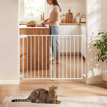 Baby Gate for Stairs, 31-48 in Adjustable Width, 30 in High Dog Gate, No Bottom Bar, One-Handed Operation, Easy Drilling Installation with Hardware Kit, for Stairs, Doorways, and House, White