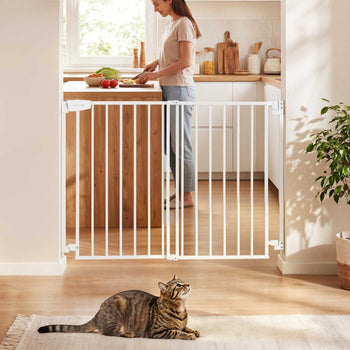 Baby Gate for Stairs, 29-43 in Adjustable Width, 36 in High Dog Gate, No Bottom Bar, One-Handed Operation, Easy Drilling Installation with Hardware Kit, for Stairs, Doorways, and House, White