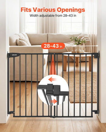 Baby Gate for Stairs, 28-43 in Adjustable Width, 30 in High Dog Gate, No Bottom Bar, One-Handed Operation, Easy Drilling Installation with Hardware Kit, for Stairs, Doorways, and House, Black