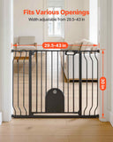 Baby Gate for Stairs, 29.5-43 in Adjustable Width, Baby Gate with Adjustable Cat Door, with Pressure Mount Kit and Wall Mount Kit, Secure Metal Pet Door for Stairs, Doorways, and House, Black