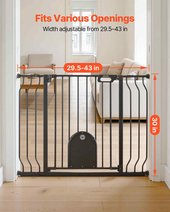 Baby Gate for Stairs, 29.5-43 in Adjustable Width, Baby Gate with Adjustable Cat Door, with Pressure Mount Kit and Wall Mount Kit, Secure Metal Pet Door for Stairs, Doorways, and House, Black