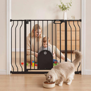 Baby Gate for Stairs, 29.5-43 in Adjustable Width, Baby Gate with Adjustable Cat Door, with Pressure Mount Kit and Wall Mount Kit, Secure Metal Pet Door for Stairs, Doorways, and House, Black