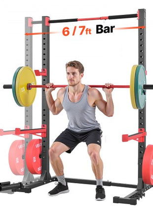 Power Cage Rack, Multifunctional Squat Rack for Home Gym, Width-Adjustable Workout Strength Training Equipment with 6 Band Pegs, Landmine Attachment & Safety Bars for Bench Press Squats Pull-Up