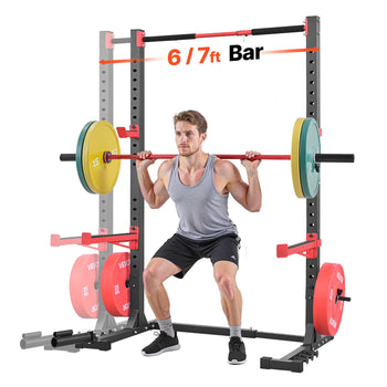 Power Cage Rack, Multifunctional Squat Rack for Home Gym, Width-Adjustable Workout Strength Training Equipment with 6 Band Pegs, Landmine Attachment & Safety Bars for Bench Press Squats Pull-Up