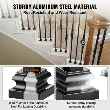 Sturdy rust-resistant black aluminum steel stair railing with decorative finials, 0.15" thick for durability.