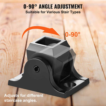 Black adjustable stair bracket for 0-90° angle, perfect for various staircase styles and materials.