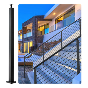 Cable Railing Post, 42" x 2" x 2" Steel Level Deck Railing Post Without Holes, SUS304 Stainless Steel Cable Rail Post, Stair Handrail Post with Horizontal and Curved Bracket, 1-Pack, Black