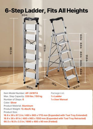 6 Step Ladder, Folding Step Stool with Wide Anti-Slip Pedal and Comfort Handgrip, 330 lbs Capacity Portable Aluminum Stepladder, Multi-Use for Kitchen, Warehouse, Household and Office, Silver