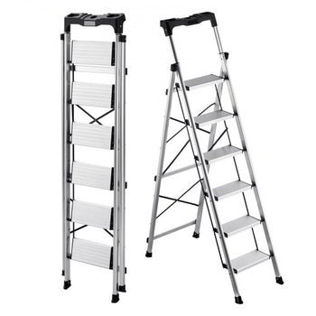 6 Step Ladder, Folding Step Stool with Wide Anti-Slip Pedal and Comfort Handgrip, 330 lbs Capacity Portable Aluminum Stepladder, Multi-Use for Kitchen, Warehouse, Household and Office, Silver