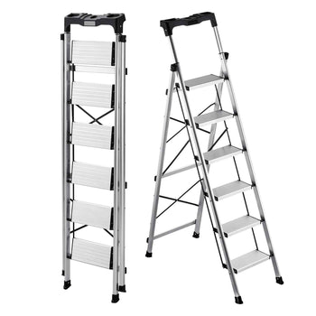 6 Step Ladder, Folding Step Stool with Wide Anti-Slip Pedal and Comfort Handgrip, 330 lbs Capacity Portable Aluminum Stepladder, Multi-Use for Kitchen, Warehouse, Household and Office, Silver