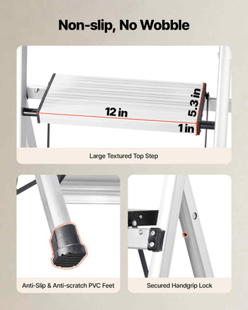 3 Step Ladder, Folding Step Stool with Wide Anti-Slip Pedal and Comfort Handgrip, 330 lbs Capacity Portable Aluminum Stepladder, Multi-Use for Kitchen, Warehouse, Household and Office, Silver