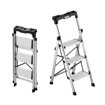 3 Step Ladder, Folding Step Stool with Wide Anti-Slip Pedal and Comfort Handgrip, 330 lbs Capacity Portable Aluminum Stepladder, Multi-Use for Kitchen, Warehouse, Household and Office, Silver