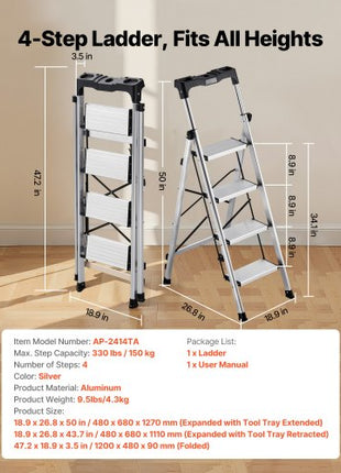 4 Step Ladder, Folding Step Stool with Wide Anti-Slip Pedal and Comfort Handgrip, 330 lbs Capacity Portable Aluminum Stepladder, Multi-Use for Kitchen, Home, Warehouse and Office, Silver