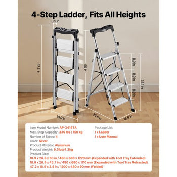 4 Step Ladder, Folding Step Stool with Wide Anti-Slip Pedal and Comfort Handgrip, 330 lbs Capacity Portable Aluminum Stepladder, Multi-Use for Kitchen, Home, Warehouse and Office, Silver