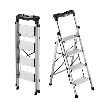 4 Step Ladder, Folding Step Stool with Wide Anti-Slip Pedal and Comfort Handgrip, 330 lbs Capacity Portable Aluminum Stepladder, Multi-Use for Kitchen, Home, Warehouse and Office, Silver
