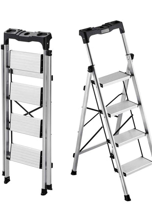 4 Step Ladder, Folding Step Stool with Wide Anti-Slip Pedal and Comfort Handgrip, 330 lbs Capacity Portable Aluminum Stepladder, Multi-Use for Kitchen, Home, Warehouse and Office, Silver