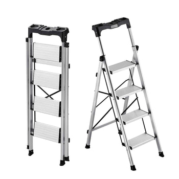 4 Step Ladder, Folding Step Stool with Wide Anti-Slip Pedal and Comfort Handgrip, 330 lbs Capacity Portable Aluminum Stepladder, Multi-Use for Kitchen, Home, Warehouse and Office, Silver