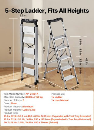 5 Step Ladder, Folding Step Stool with Wide Anti-Slip Pedal and Comfort Handgrip, 330 lbs Capacity Portable Aluminum Stepladder, Multi-Use for Kitchen, Warehouse, Household and Office, Silver
