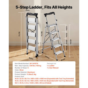 5 Step Ladder, Folding Step Stool with Wide Anti-Slip Pedal and Comfort Handgrip, 330 lbs Capacity Portable Aluminum Stepladder, Multi-Use for Kitchen, Warehouse, Household and Office, Silver