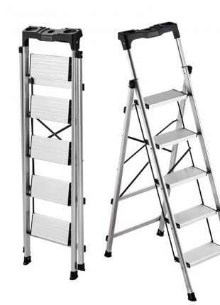 5 Step Ladder, Folding Step Stool with Wide Anti-Slip Pedal and Comfort Handgrip, 330 lbs Capacity Portable Aluminum Stepladder, Multi-Use for Kitchen, Warehouse, Household and Office, Silver