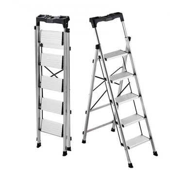 5 Step Ladder, Folding Step Stool with Wide Anti-Slip Pedal and Comfort Handgrip, 330 lbs Capacity Portable Aluminum Stepladder, Multi-Use for Kitchen, Warehouse, Household and Office, Silver