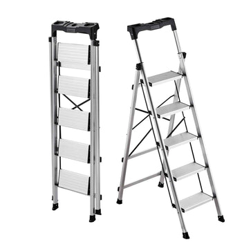 5 Step Ladder, Folding Step Stool with Wide Anti-Slip Pedal and Comfort Handgrip, 330 lbs Capacity Portable Aluminum Stepladder, Multi-Use for Kitchen, Warehouse, Household and Office, Silver