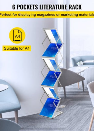 Foldable Magazine Display Rack, 6 Pockets Pop-Up Brochure Display Stand, Double-Sided Display Catalog Literature Holder Stand, Portable with Carrying Bag for Office Trade Show Exhibitions