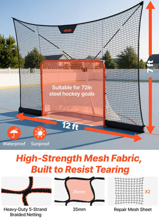 Hockey Net Backstop, 12x7 ft Durable Hockey Goal Backstop Net with Extended Coverage, Lightweight and Portable Backyard Training Equipment, Easy Assembly, for Youth Adult (NET ONLY)