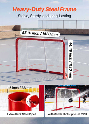 Street Hockey Goal, Heavy-Duty Steel Street + Roller Hockey Nets, Durable Hockey Net for Indoor Outdoor Use, Lightweight Portable Training, Easy Assembly for Backyard Park Garage, 55.9 x 44.5 in