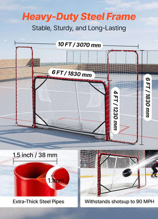 Hockey Goal with Backstop and Targets, 10x6FT Street Steel Hockey Goal Set, Pro Lightweight and Portable Training Equipment, Durable Net for Indoor & Outdoor Use, Easy Assembly, White/Red