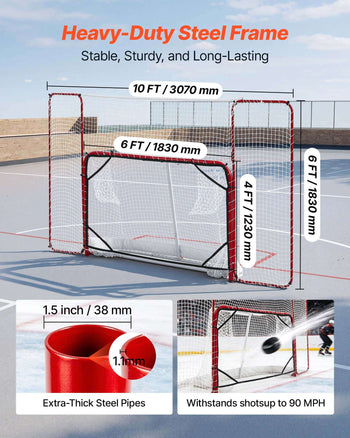 Hockey Goal with Backstop and Targets, 10x6FT Street Steel Hockey Goal Set, Pro Lightweight and Portable Training Equipment, Durable Net for Indoor & Outdoor Use, Easy Assembly, White/Red
