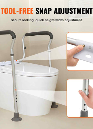 Tool-free snap adjustment toilet safety rails, silver metal, gray handle grips, secure locking, for enhanced stability.