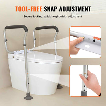 Tool-free snap adjustment toilet safety rails, silver metal, gray handle grips, secure locking, for enhanced stability.
