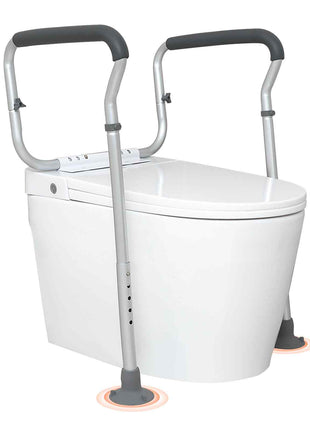 White toilet with adjustable gray grab bars, designed for safety and support in bathroom accessibility.