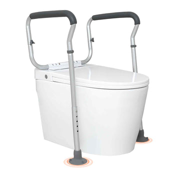 White toilet with adjustable gray grab bars, designed for safety and support in bathroom accessibility.