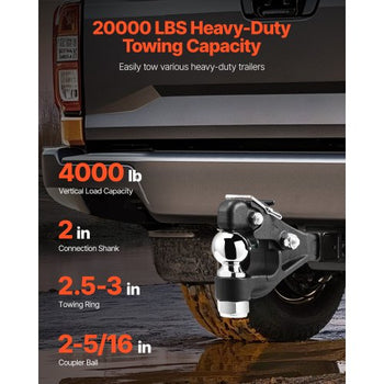 Pintle Hook, 20000 lbs, Pintle Hook Hitch for 2-inch Hitch Hook Military Receiver, Combination 2-5/16-inch Hitch Ball, Fits 2.5 to 3-inch Lunette Ring, 15.6-inch Length, Black Powder Coat
