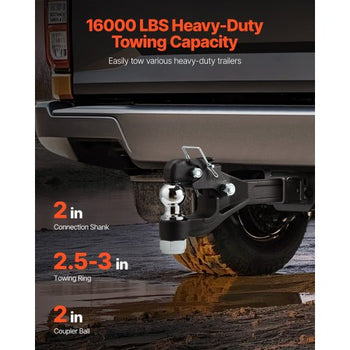 Pintle Hook, 16000 lbs Towing Capacity, Pintle Hook Hitch for 2-inch Hitch Hook Military Receiver, Combination 2-inch Hitch Ball, Fits 2.5 to 3-inch Lunette Ring, Black Powder Coat, for Trailers