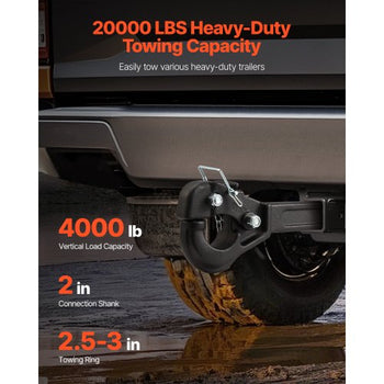 Pintle Hook, 20000 lbs Towing Capacity, Pintle Hitch Receiver for 2-inch Hitch Hook Military Receiver, Fits 2.5 to 3-inch Lunette Ring, 15.6-inch Length, Black Powder Coat, for Various Trailers