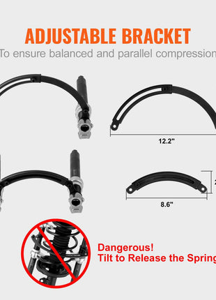Adjustable black metal bracket set for balanced spring compression, sizes: 4.8", 12.2", and 2.4".